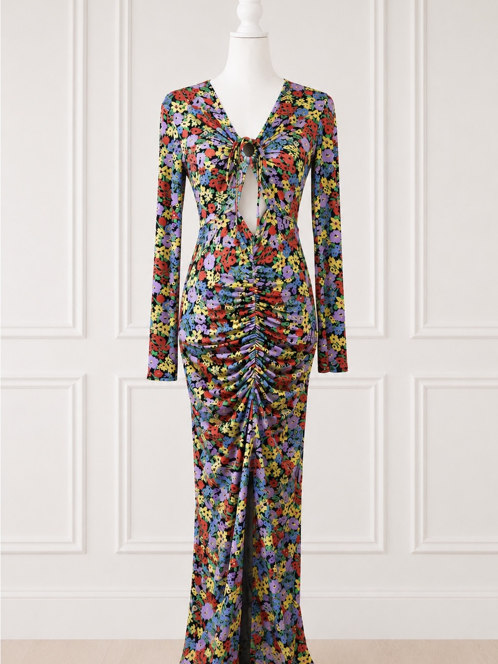 ASOS DESIGN Floral Ruched Cut Out Maxi Dress Long Sleeve Bodycon US 6 - Picture 2 of 5
